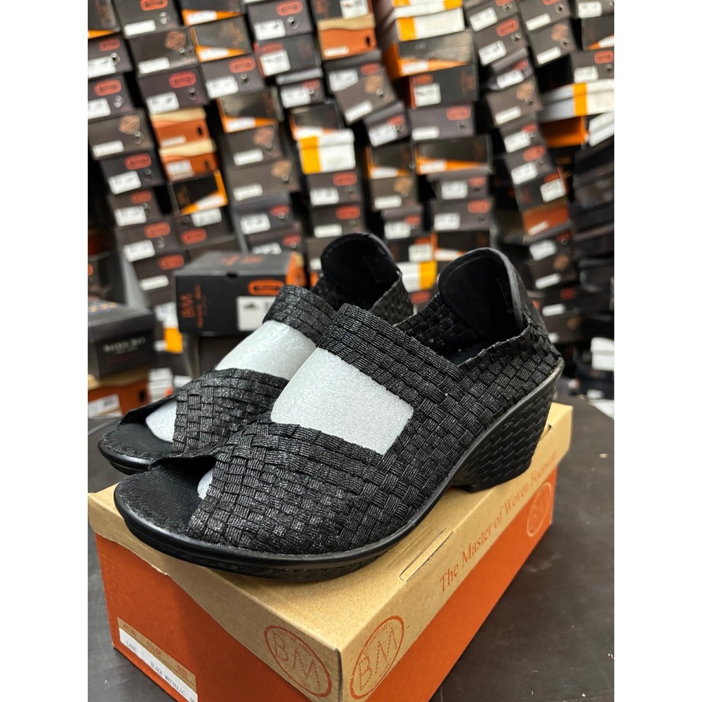 Bernie Mev Lane Black Metallic Woven Wedge Sandals Womens Size 38 US 7.5-8